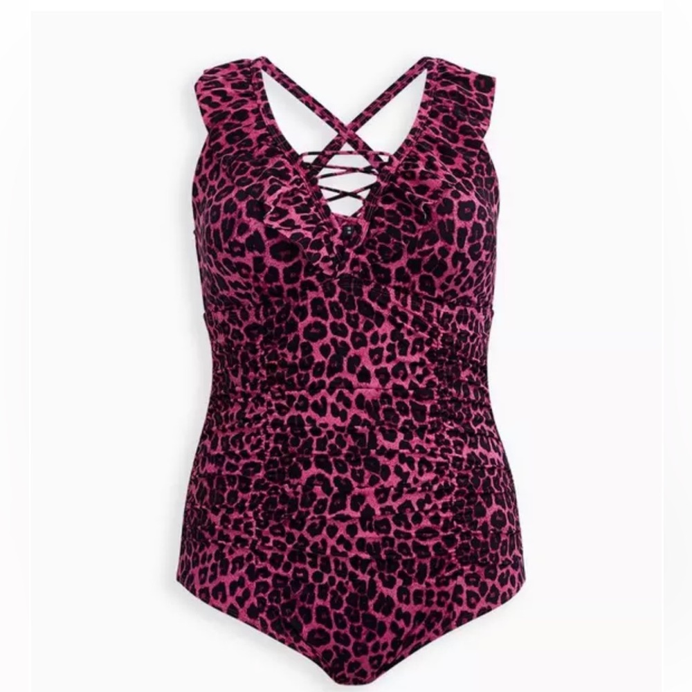 Torrid Vibrant Pink and Black Leopard ruffle one piece swimsuit